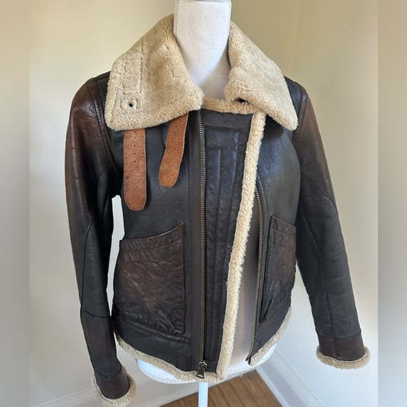 Ralph Lauren Brown Shearling Leather Aviator Bomber Jacket size Small - Picture 5 of 17
